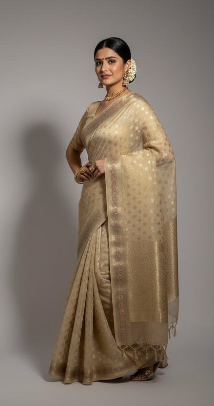 ✨ VLS 475 – Off-White Soft Silk Banarasi Handloom Saree with Meenakari Border ✨