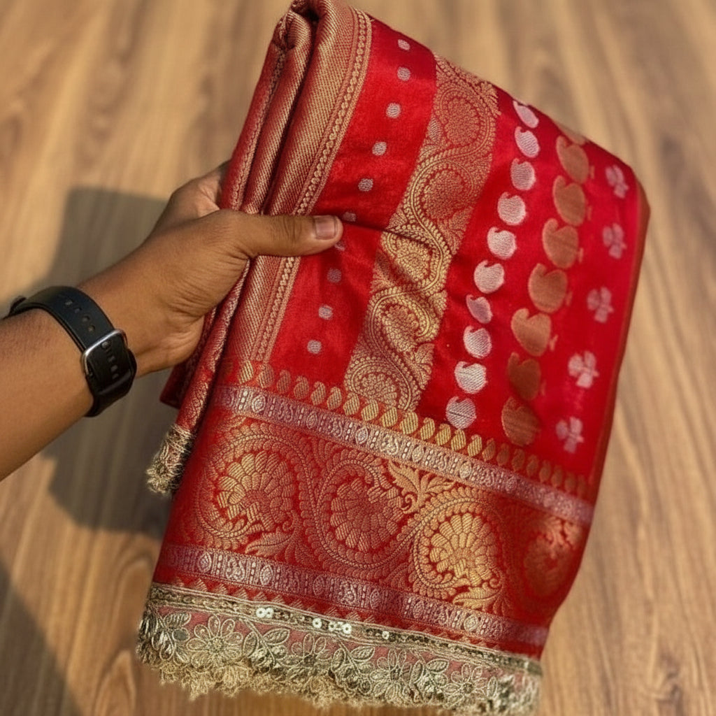 π VLS 464 β Banarasi Nita Ambani Inspired Designer Saree Red Katan Soft Silk with Elegant Lace Border & Bootidar Blouse