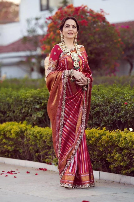 ๐ VLS 464 โ Banarasi Nita Ambani Inspired Designer Saree Red Katan Soft Silk with Elegant Lace Border & Bootidar Blouse