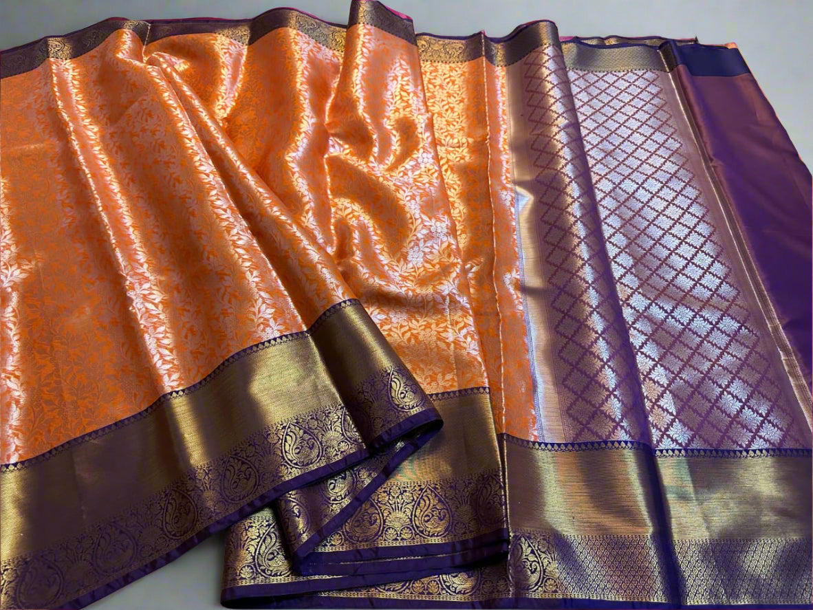 VLS-393 | Orange with Blue Border Kanjivaram Celebrity Inspired Silk Saree