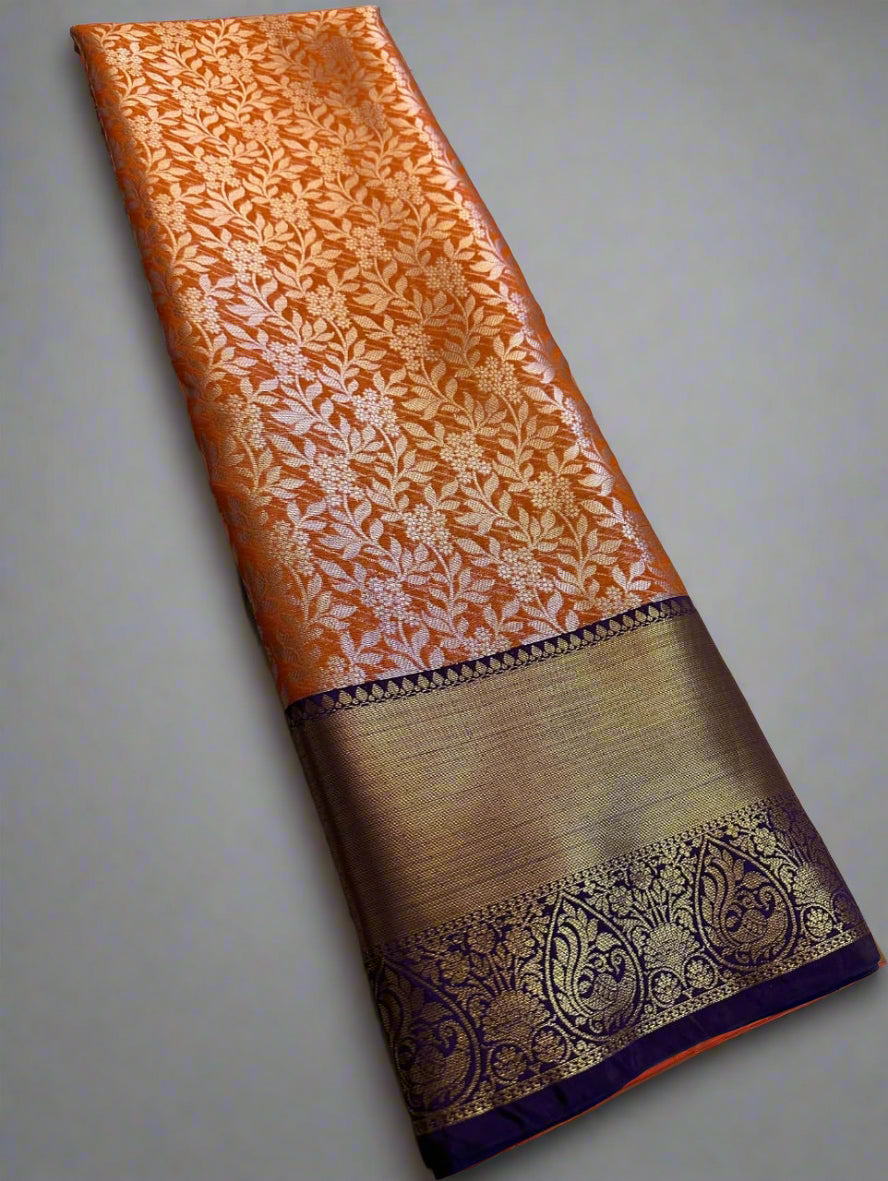 VLS-393 | Orange with Blue Border Kanjivaram Celebrity Inspired Silk Saree