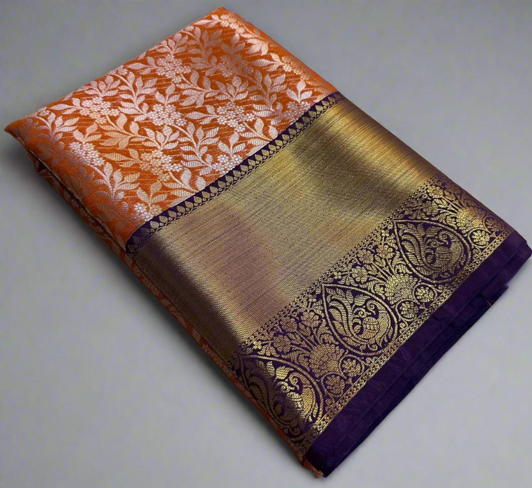 VLS-393 | Orange with Blue Border Kanjivaram Celebrity Inspired Silk Saree