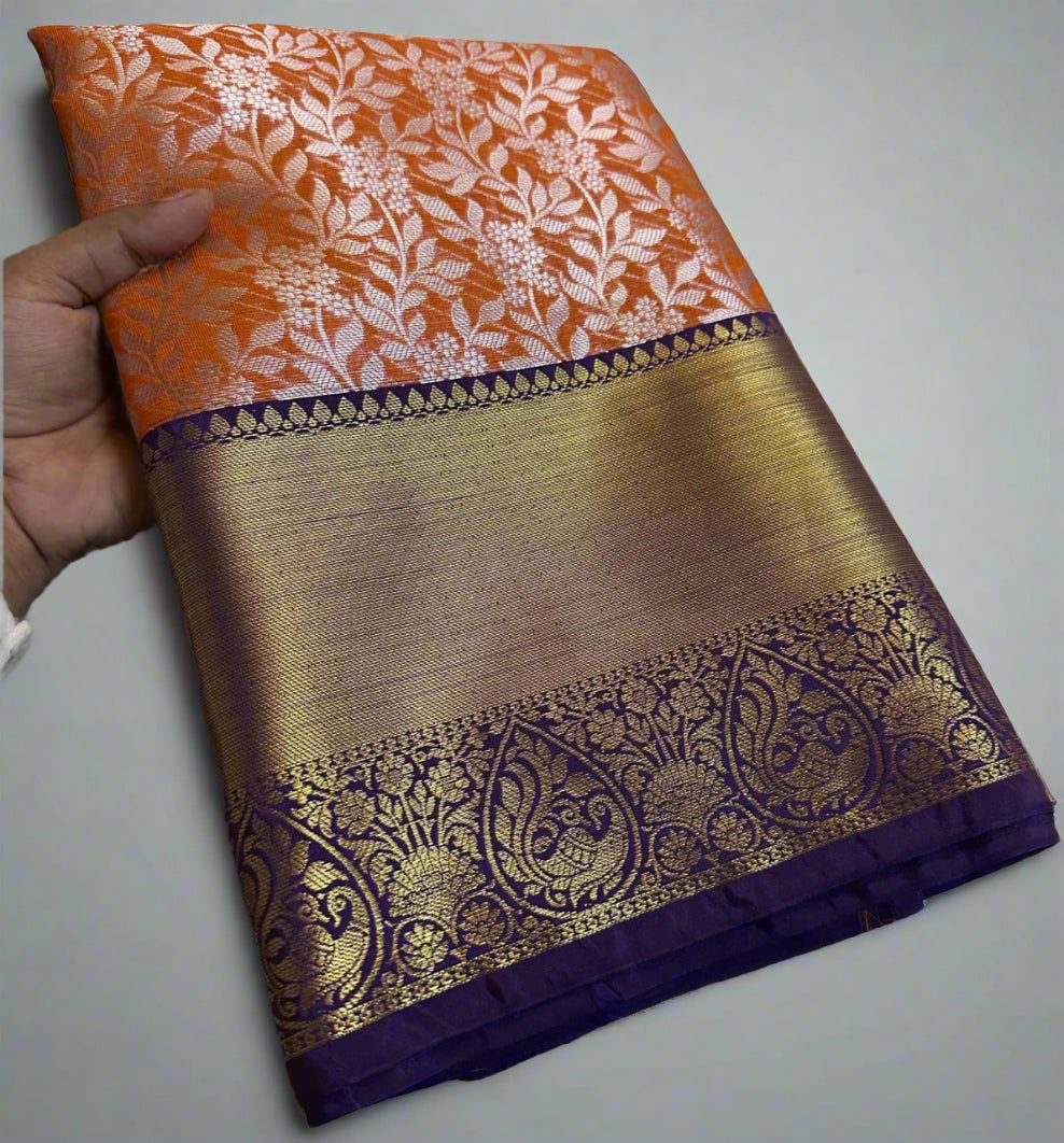 VLS-393 | Orange with Blue Border Kanjivaram Celebrity Inspired Silk Saree