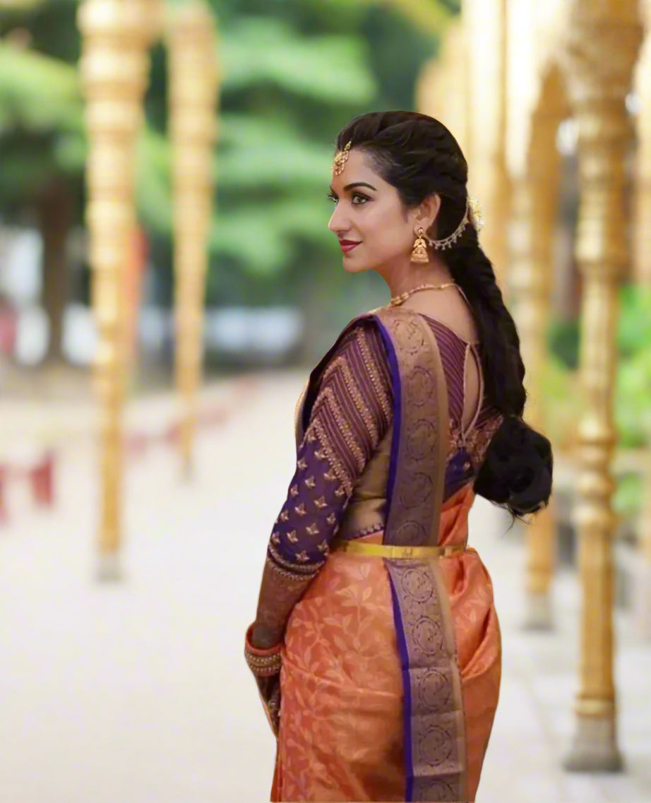 VLS-393 | Orange with Blue Border Kanjivaram Celebrity Inspired Silk Saree