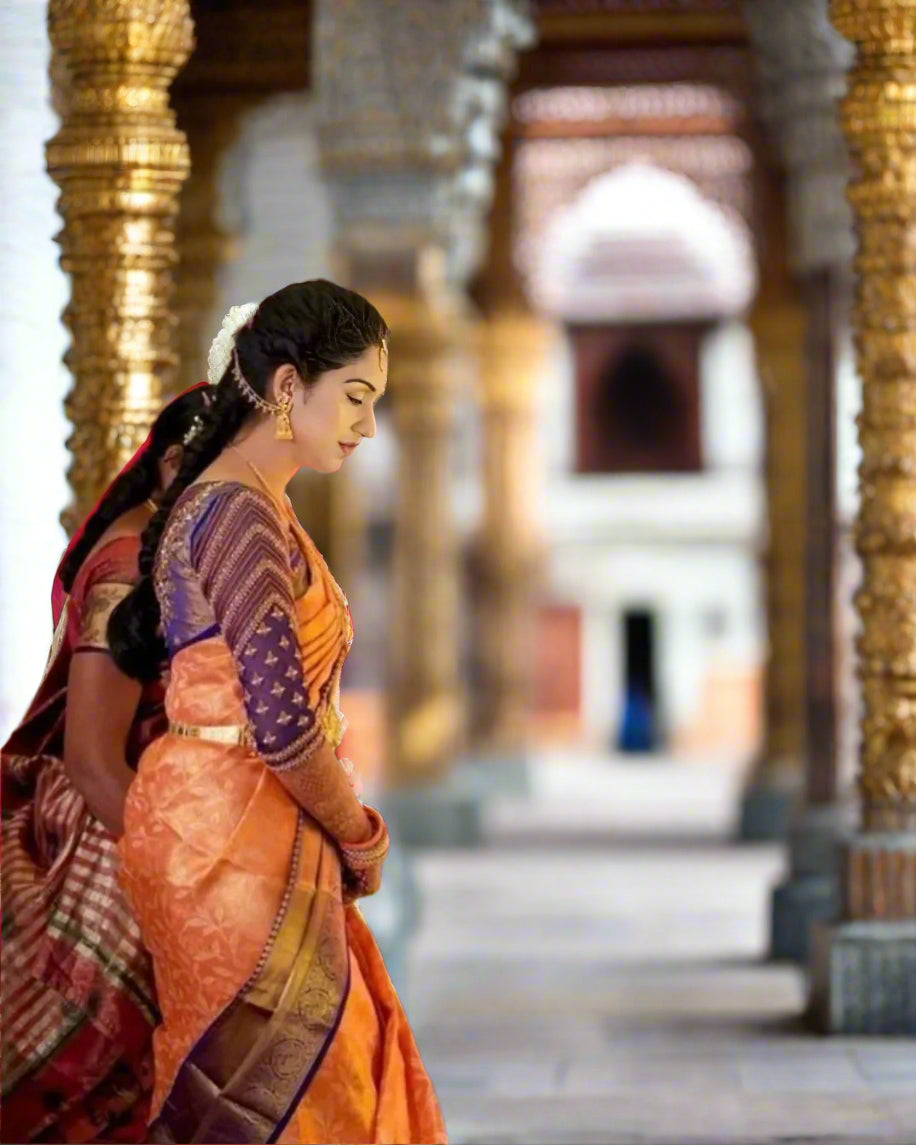 VLS-393 | Orange with Blue Border Kanjivaram Celebrity Inspired Silk Saree