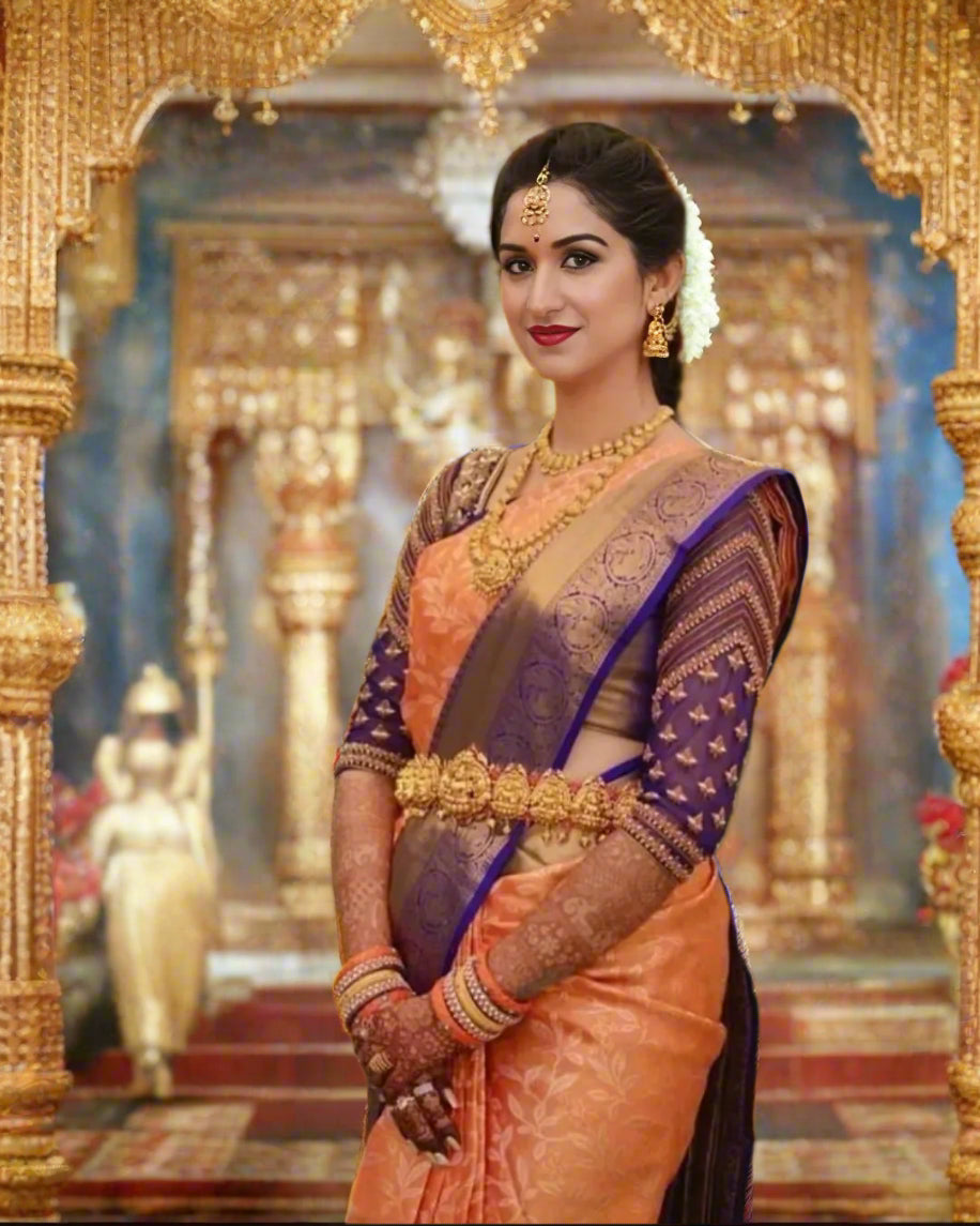 VLS-393 | Orange with Blue Border Kanjivaram Celebrity Inspired Silk Saree