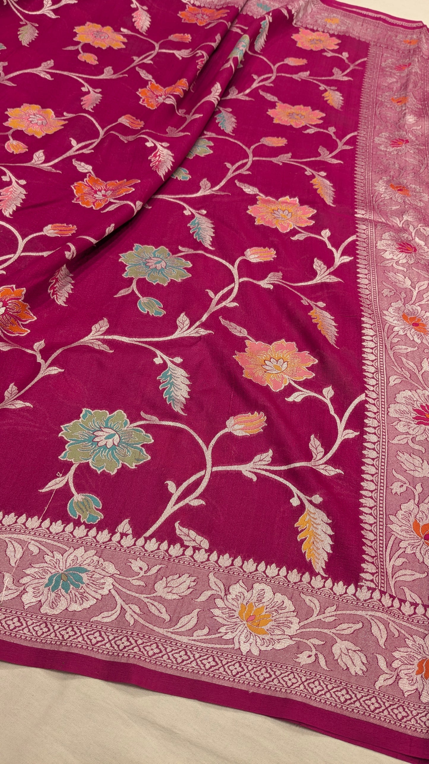 Pure Handloom Tilfi Meenakari Khaddi Moonga Georgette Saree