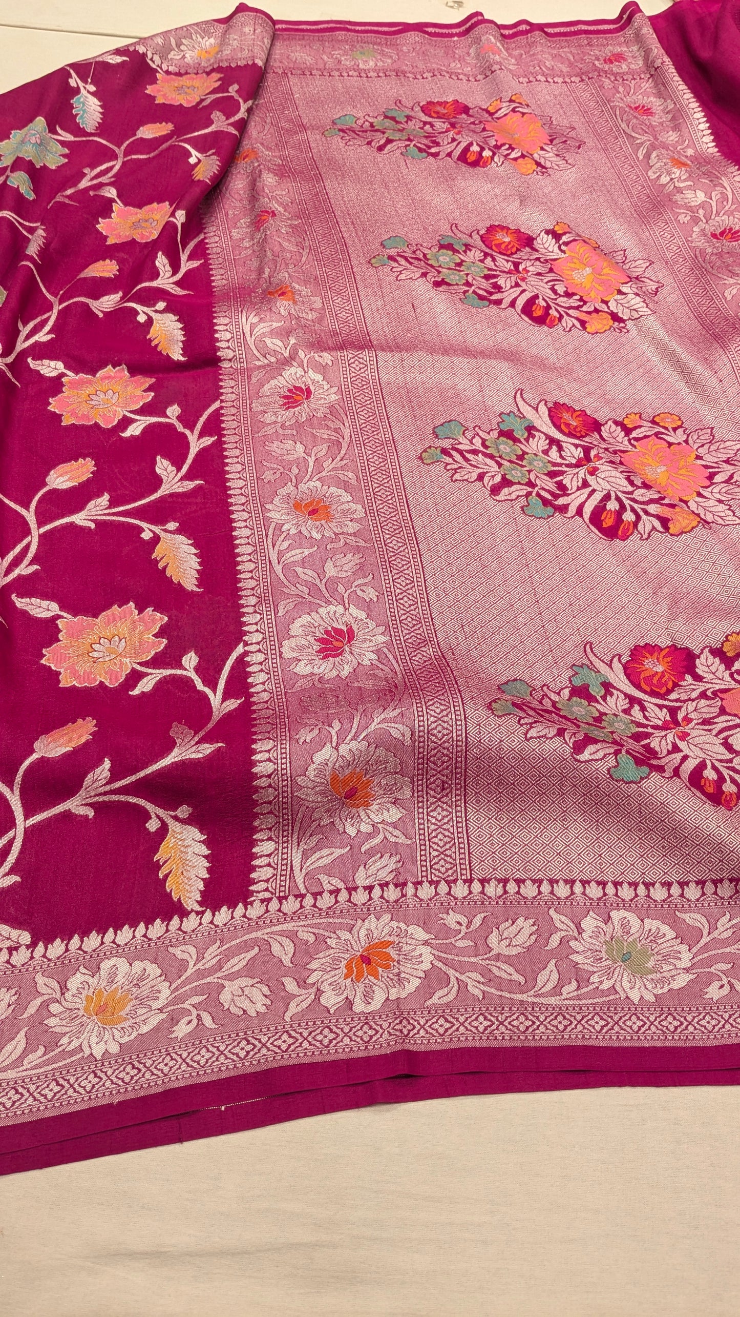 Pure Handloom Tilfi Meenakari Khaddi Moonga Georgette Saree