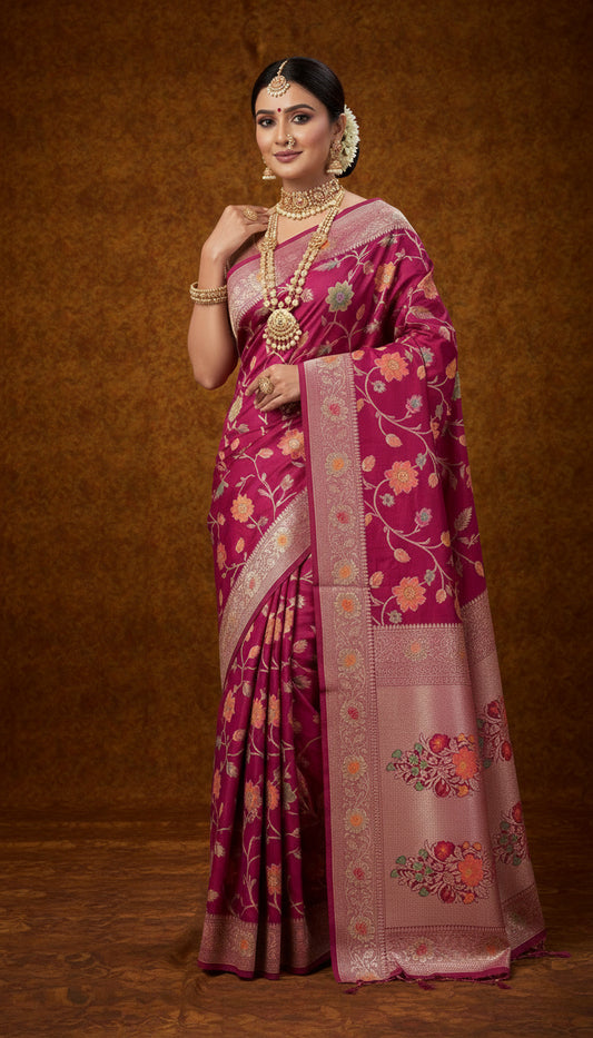 Pure Handloom Tilfi Meenakari Khaddi Moonga Georgette Saree