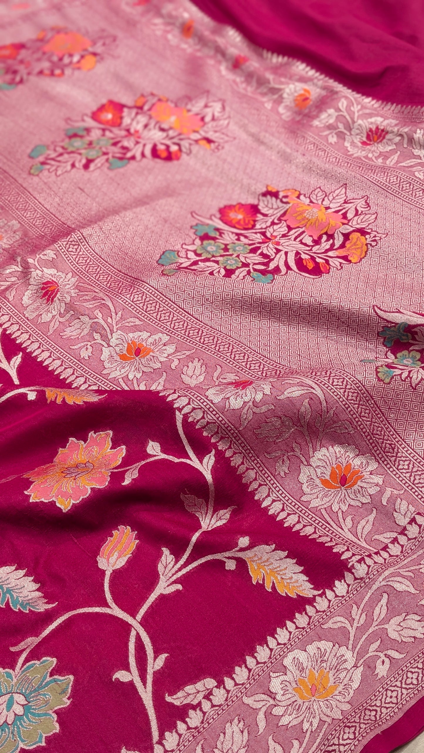 Pure Handloom Tilfi Meenakari Khaddi Moonga Georgette Saree