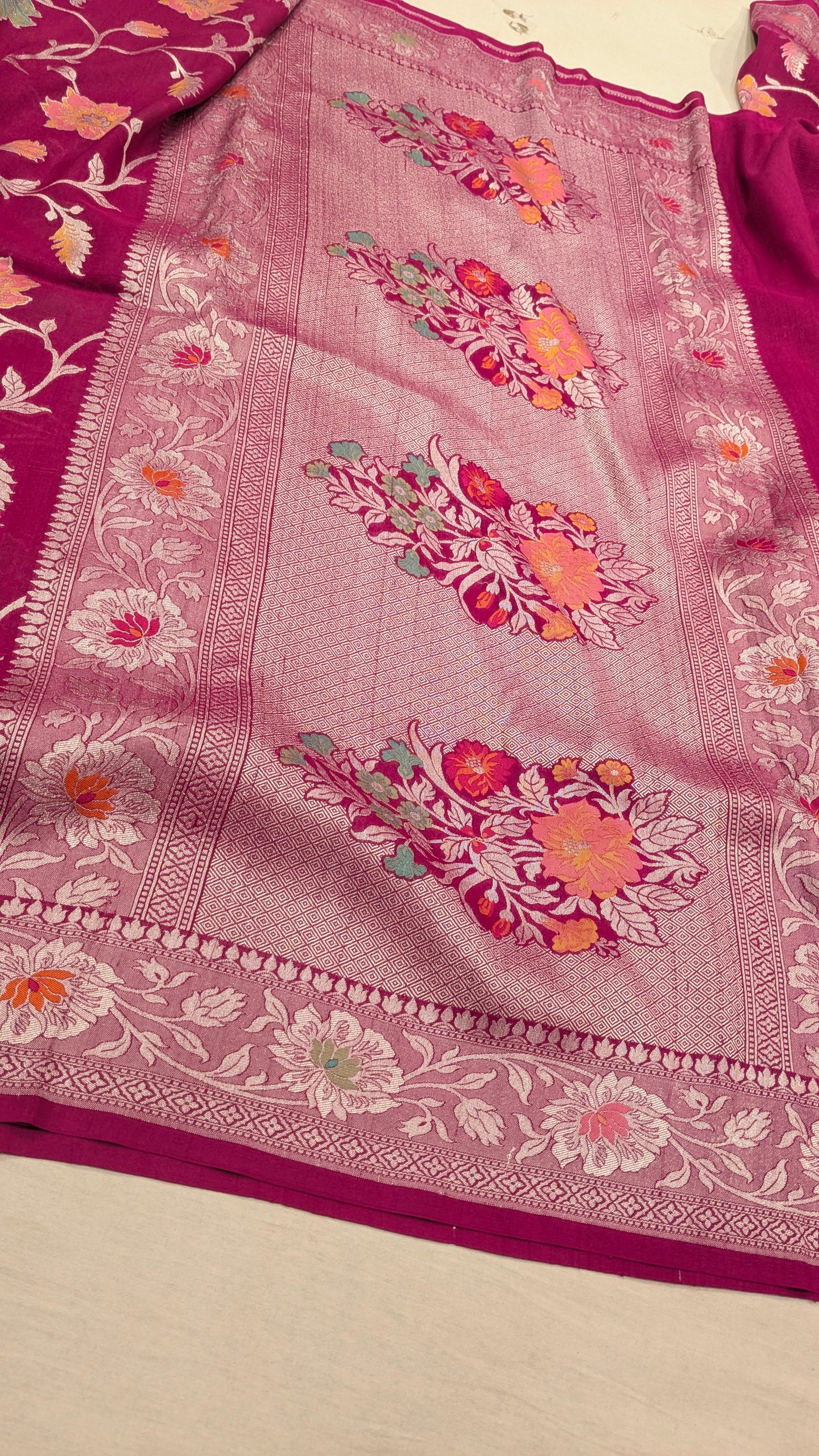 Pure Handloom Tilfi Meenakari Khaddi Moonga Georgette Saree