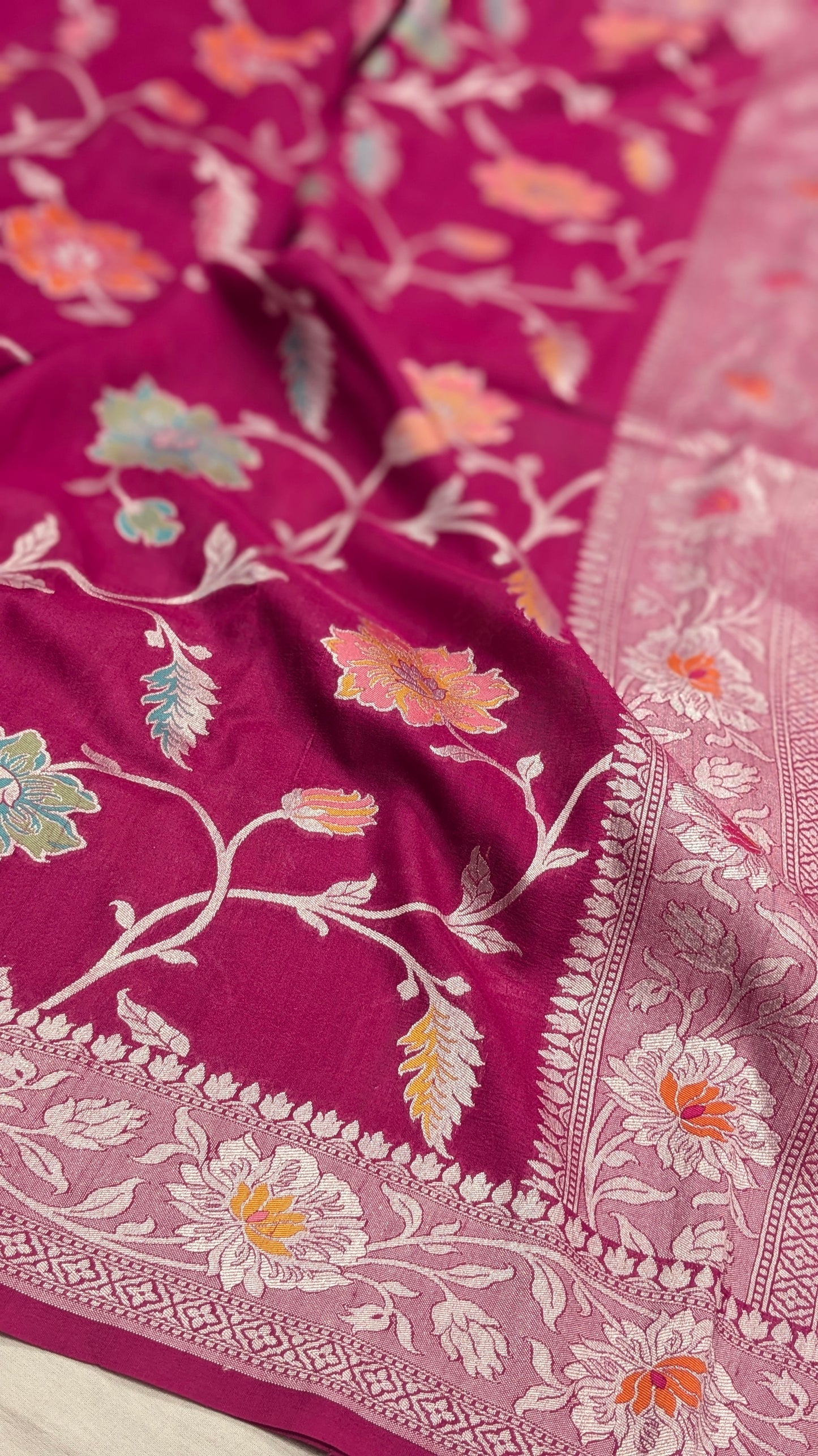 Pure Handloom Tilfi Meenakari Khaddi Moonga Georgette Saree