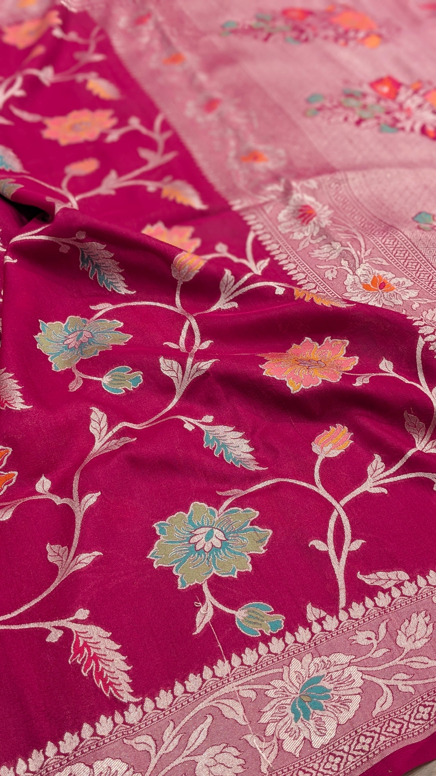 Pure Handloom Tilfi Meenakari Khaddi Moonga Georgette Saree