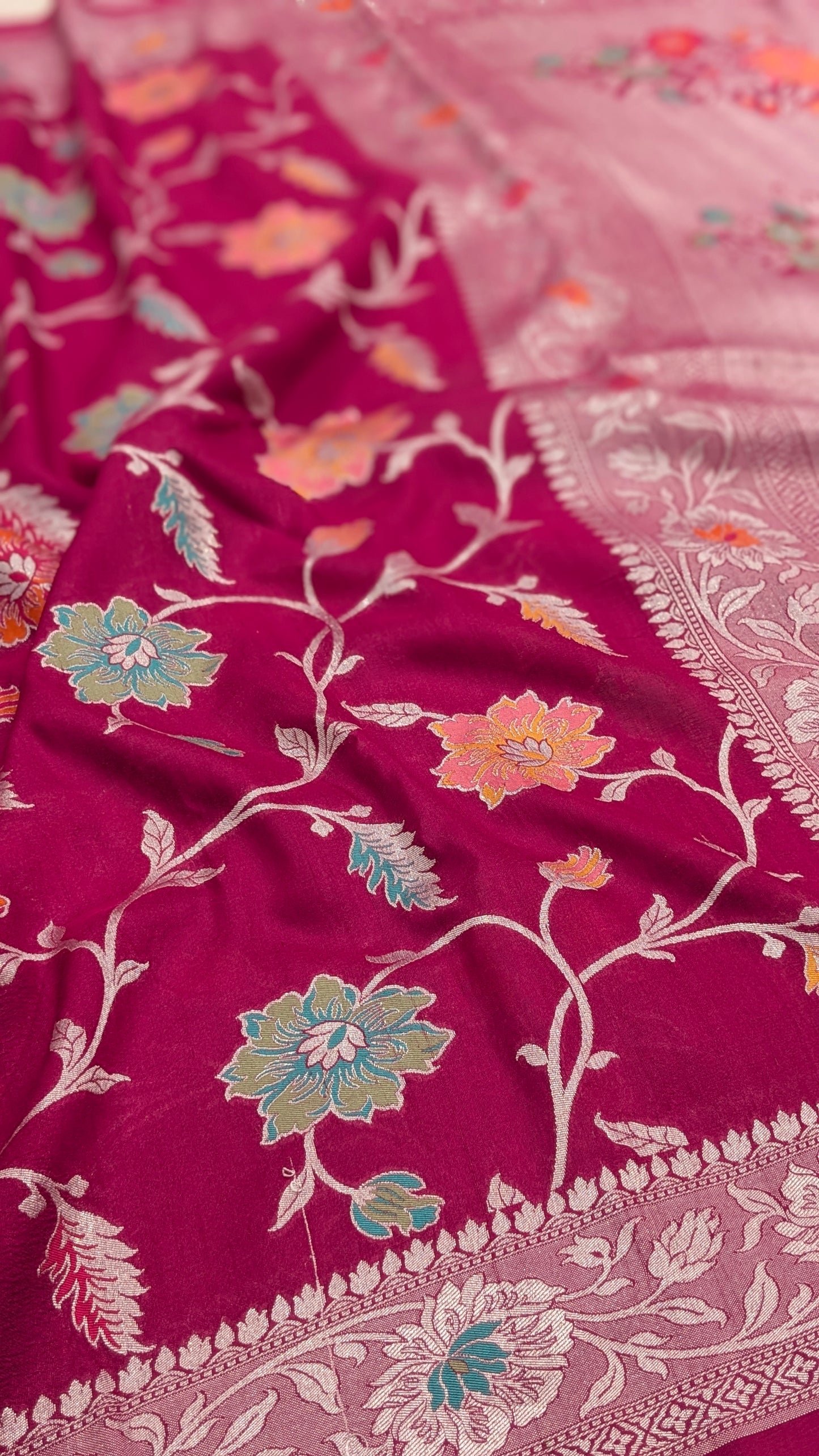 Pure Handloom Tilfi Meenakari Khaddi Moonga Georgette Saree