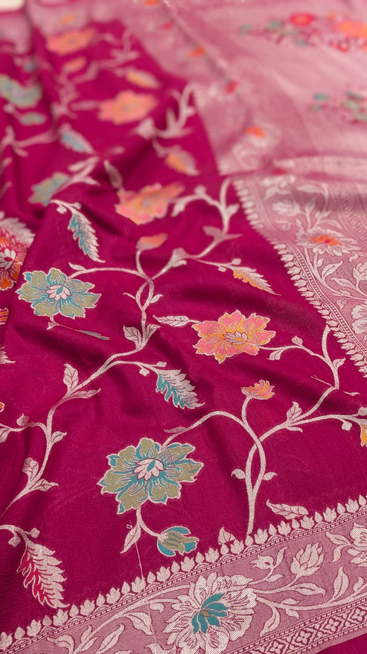 Pure Handloom Tilfi Meenakari Khaddi Moonga Georgette Saree