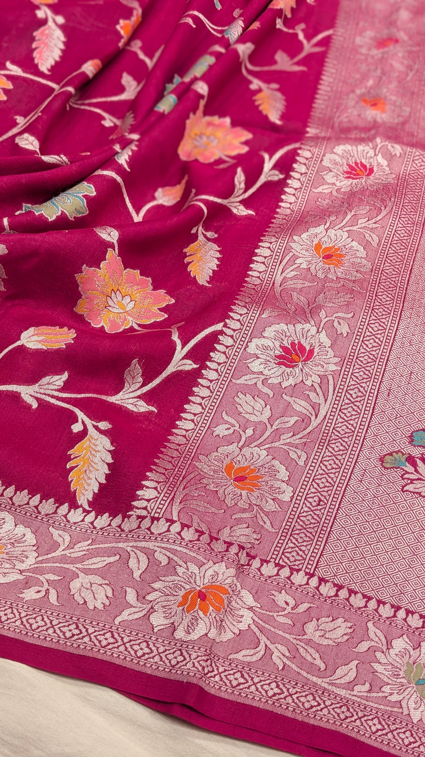Pure Handloom Tilfi Meenakari Khaddi Moonga Georgette Saree