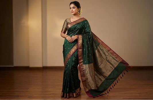 👑 VLS 467 – Banarasi Katan Silk Saree with Contrast Border Ektara Motifs All Over with Rich Brocade Blouse