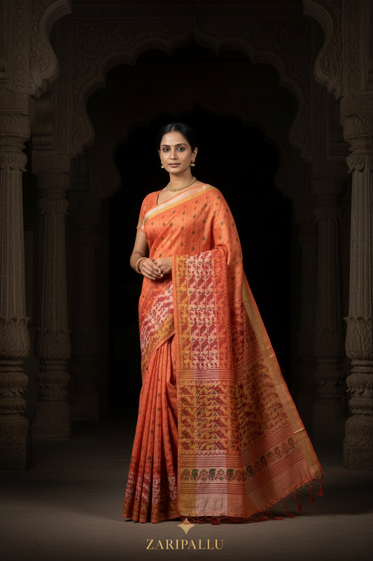 VLS 486 – Peach-Orange Linen Cotton Printed Saree with Tassels & Plain Border Blouse