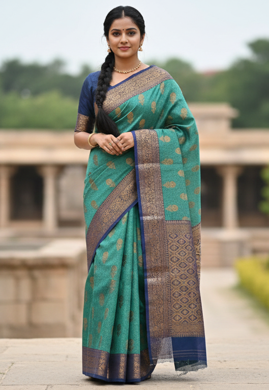 ✨ VLS 466 – Banarasi Soft Organza Contrast Jamewar Silk Saree All-Over Antique Zari Motifs with Rich Brocade Blouse