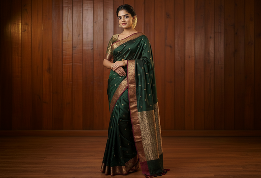 👑 VLS 467 – Banarasi Katan Silk Saree with Contrast Border Ektara Motifs All Over with Rich Brocade Blouse