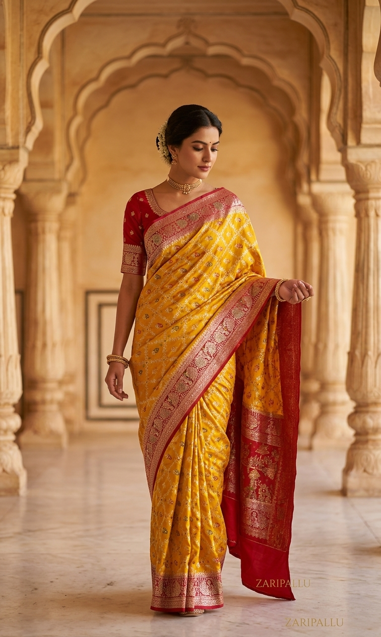 VLS 487 – Yellow Gold Mashru Silk Saree with Red Contrast & Bootidar Blouse