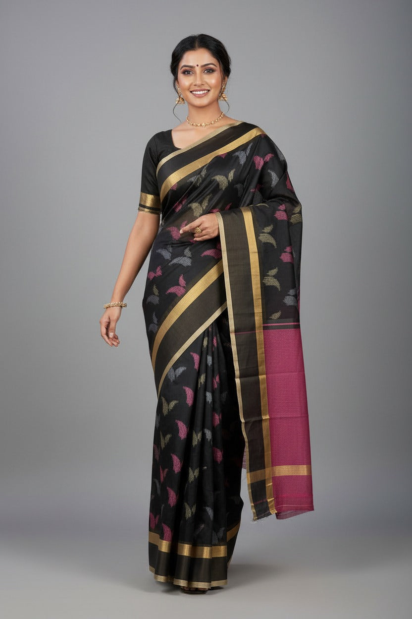 VLS 491 Black Resham Meenakari Maheshwari Moonga Cotton Silk Saree | Handwoven | Vijay Laxmi Silk