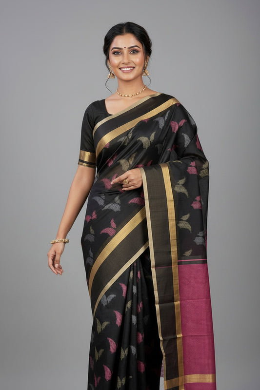 VLS 491 Black Resham Meenakari Maheshwari Moonga Cotton Silk Saree | Handwoven | Vijay Laxmi Silk