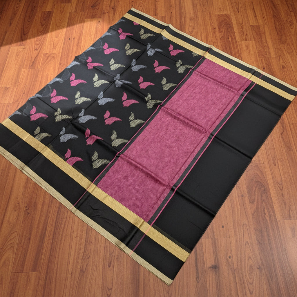 VLS 491 Black Resham Meenakari Maheshwari Moonga Cotton Silk Saree | Handwoven | Vijay Laxmi Silk