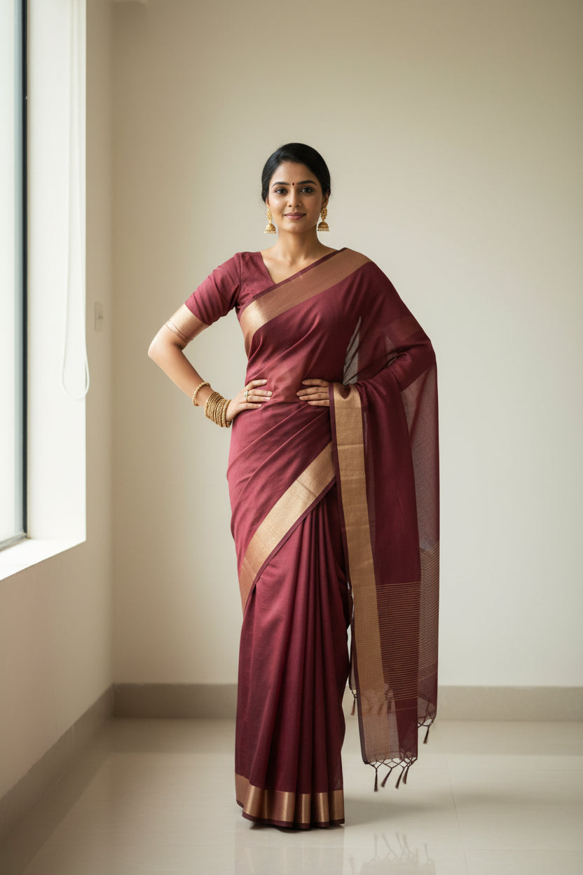 🌿 VLS 463 – Maheshwari Cotton Plain Saree with Running Blouse