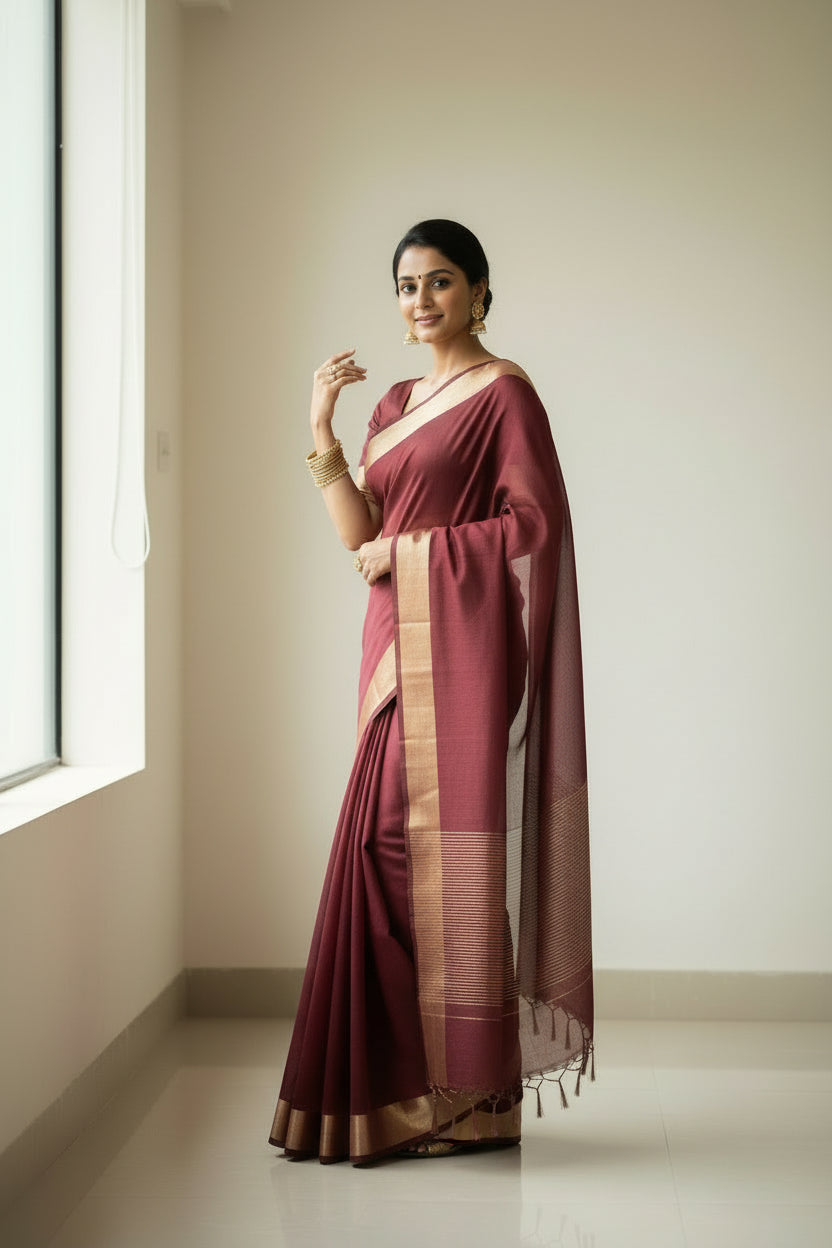 🌿 VLS 463 – Maheshwari Cotton Plain Saree with Running Blouse