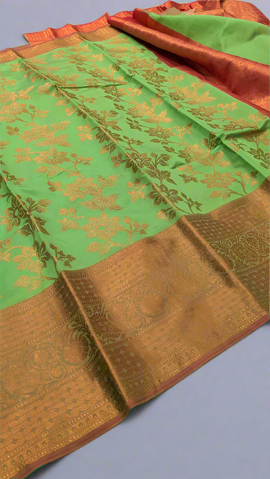 VLS 399 Banarasi Dupion Silk Saree – Parrot Green with Antique Copper Zari Zaal