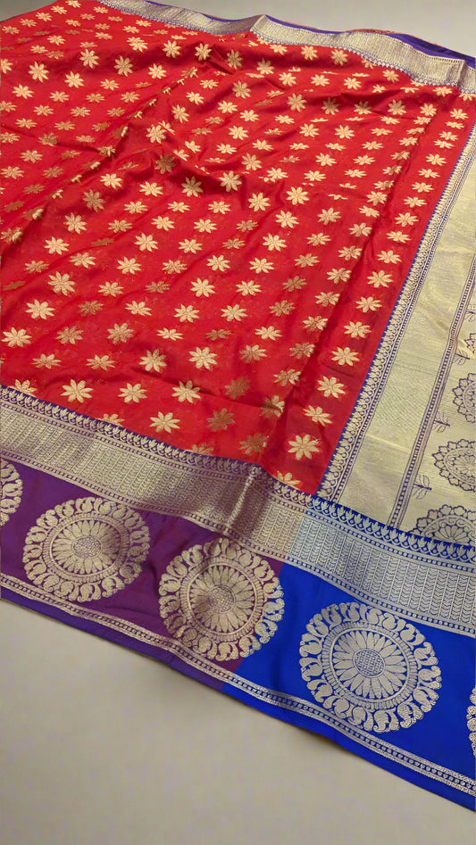 VLS-411 saree post even more detailed and attractive with the red body + royal blue contrast pallu &amp; blouse