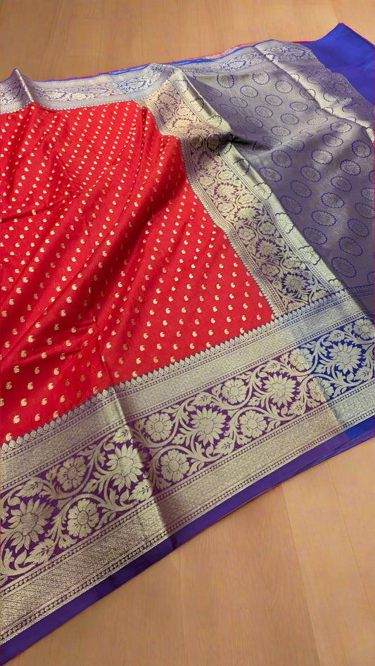 VLS-409 saree post even more detailed and attractive with the red body + royal blue contrast pallu & blouse