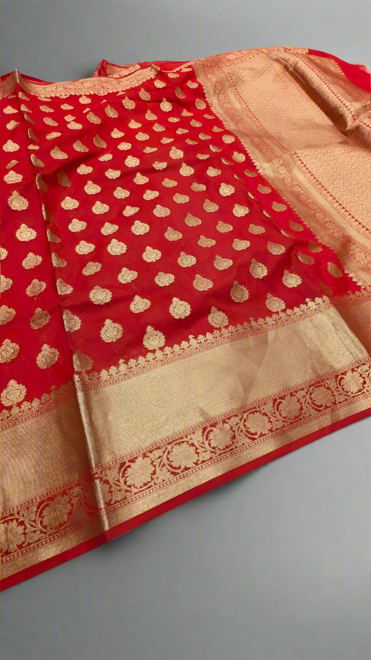 VLS-412 Banarasi Red Katan Silk Saree with Golden Zari Booti – Classic Elegance