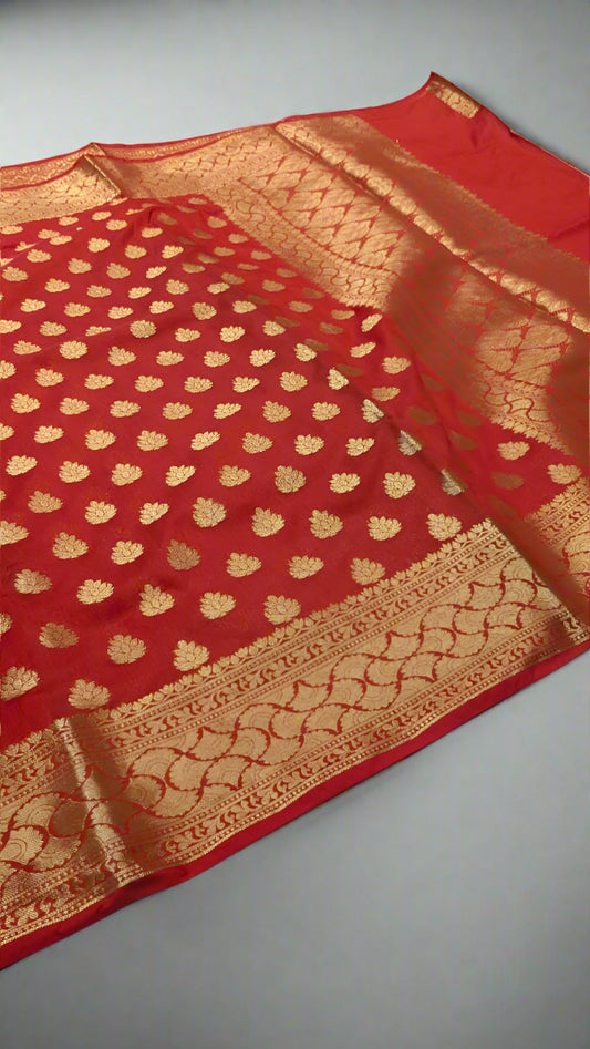 VLS-412 Banarasi Red Katan Silk Saree with Golden Zari Booti – Classic Elegance