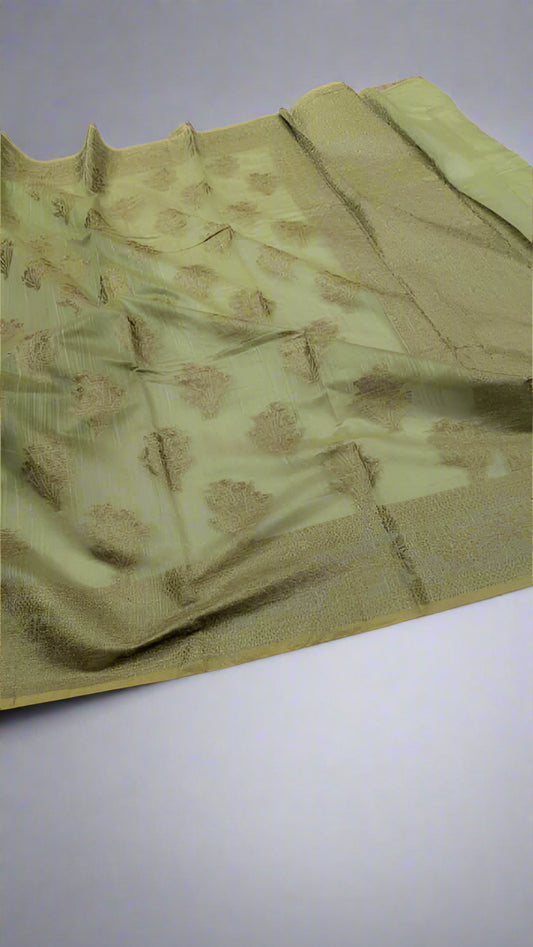 Product Code: VLS 424 Banarasi Linen Silk Saree – Pista Parrot Green | Antique Zari Boota