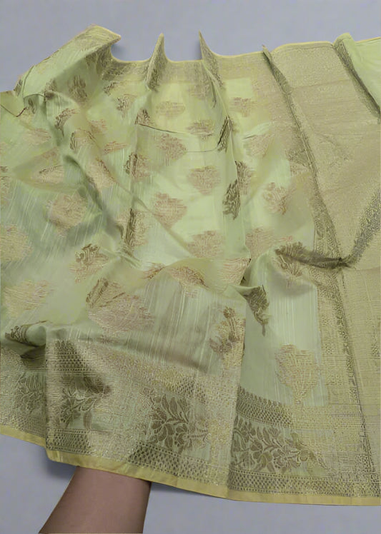 Product Code: VLS 424 Banarasi Linen Silk Saree – Pista Parrot Green | Antique Zari Boota