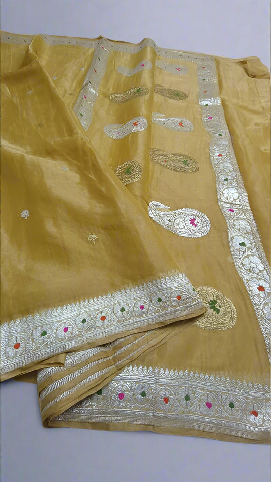 Pure Handloom Khaddi Georgette Kadhwa Saree – Golden Yellow | VLS 435