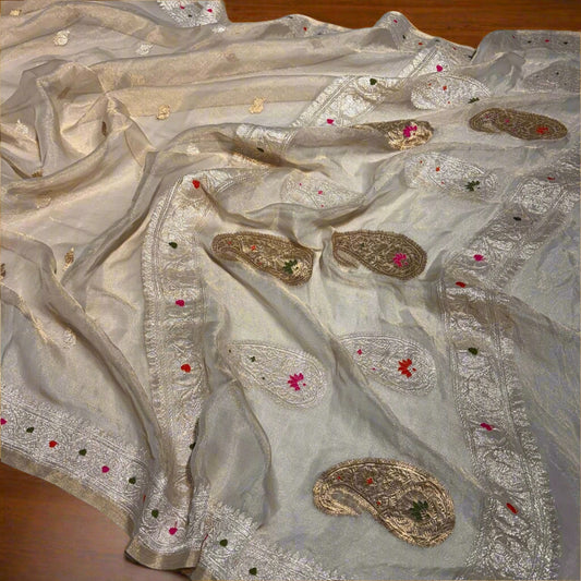Pure Handloom Khaddi Georgette Kadhwa Saree with Golden, Silver & Copper Zari | VLS 432