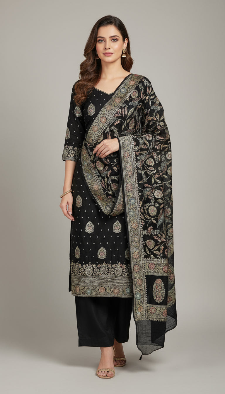 Pure Khaadi Georgette 3 Pc Dress Material – Kalamkari Meenakari Weaving (VLS 448)