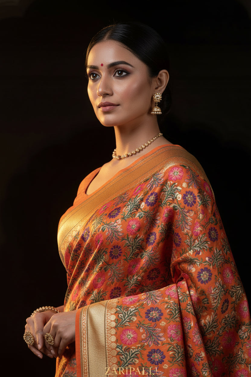VLS 485 – Orange Pure Silk Banarasi Chauthera Saree with Multicolor Resham Meenakari