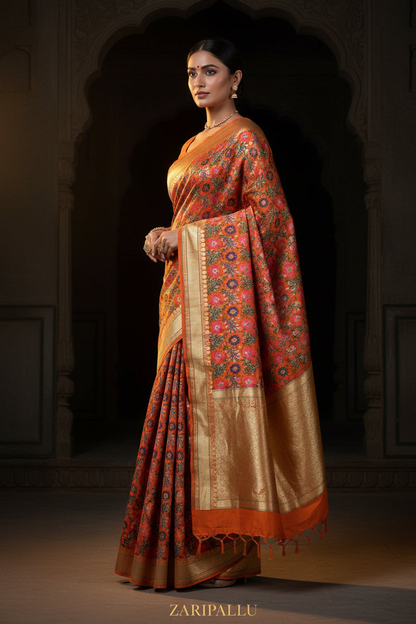 VLS 485 – Orange Pure Silk Banarasi Chauthera Saree with Multicolor Resham Meenakari
