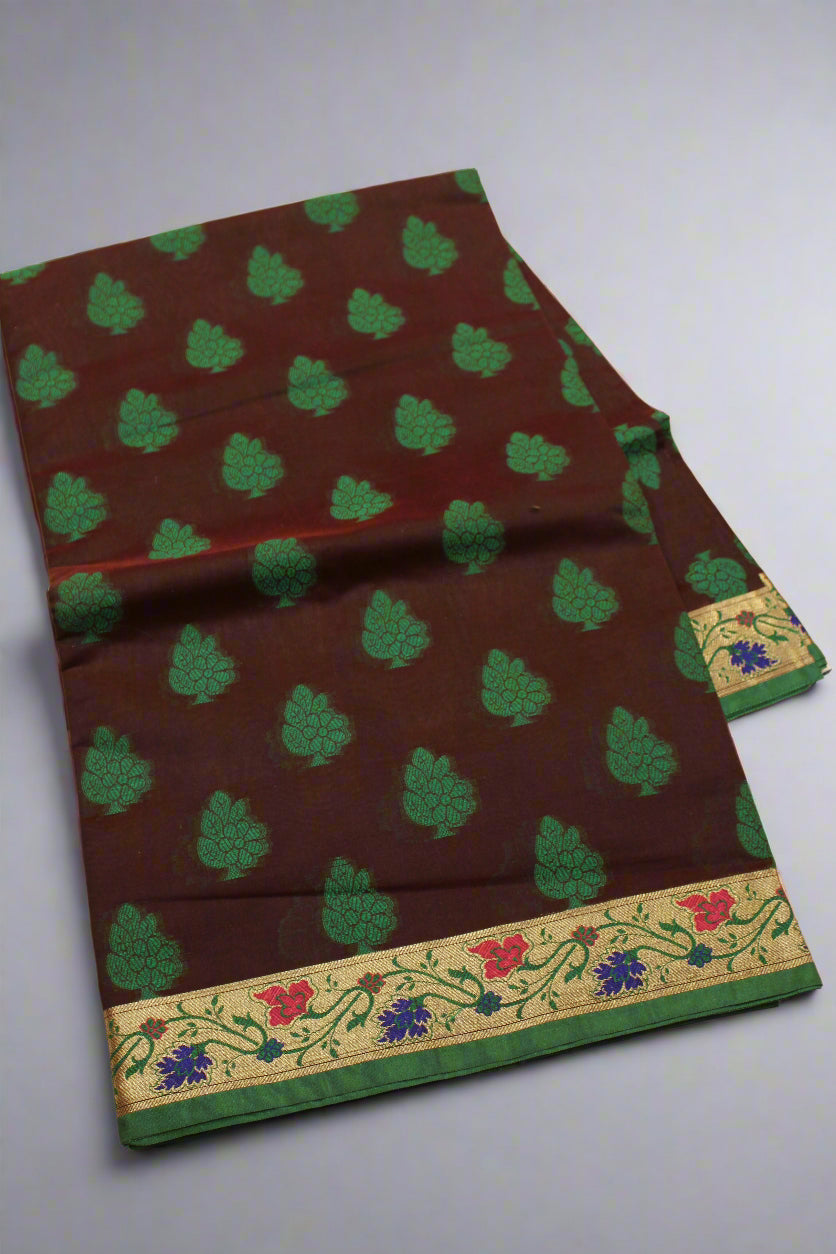 Banarasi Cotton Silk Saree – Coffen Brown with Green Border | VLS 427