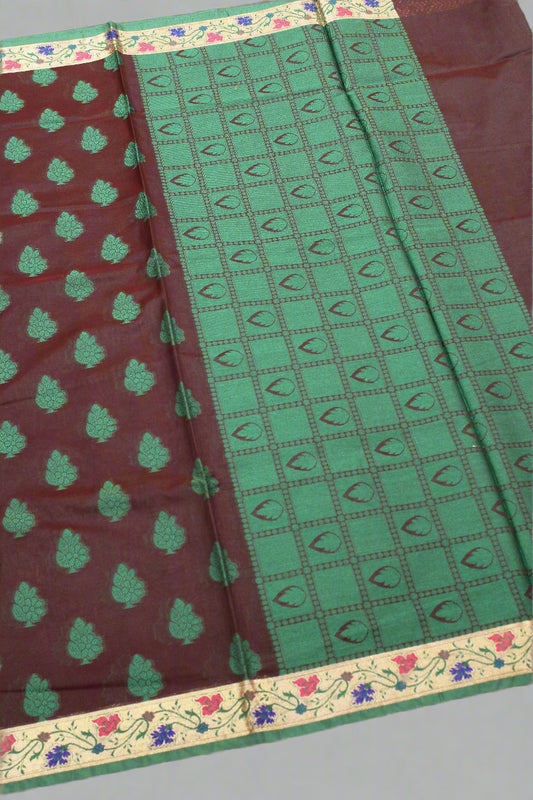 Banarasi Cotton Silk Saree – Coffen Brown with Green Border | VLS 427