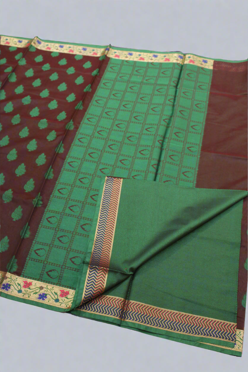 Banarasi Cotton Silk Saree – Coffen Brown with Green Border | VLS 427