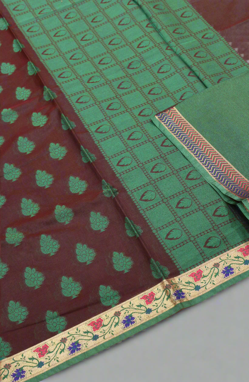 Banarasi Cotton Silk Saree – Coffen Brown with Green Border | VLS 427