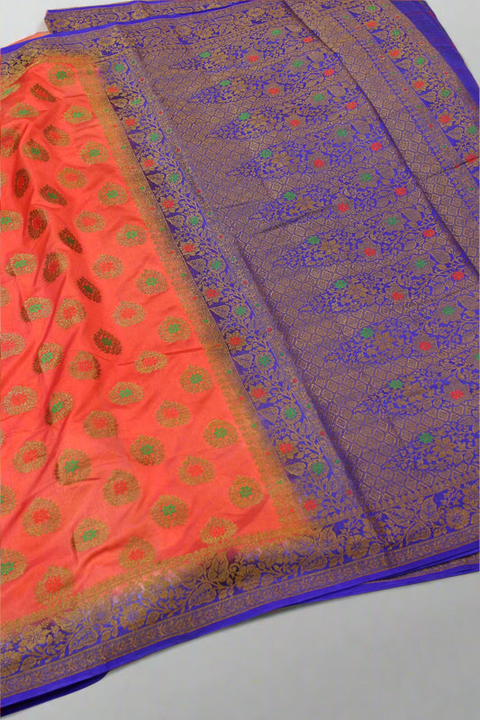 Premium Dupion Katan Silk Saree – Peach Pink with Royal Blue Border | VLS 429