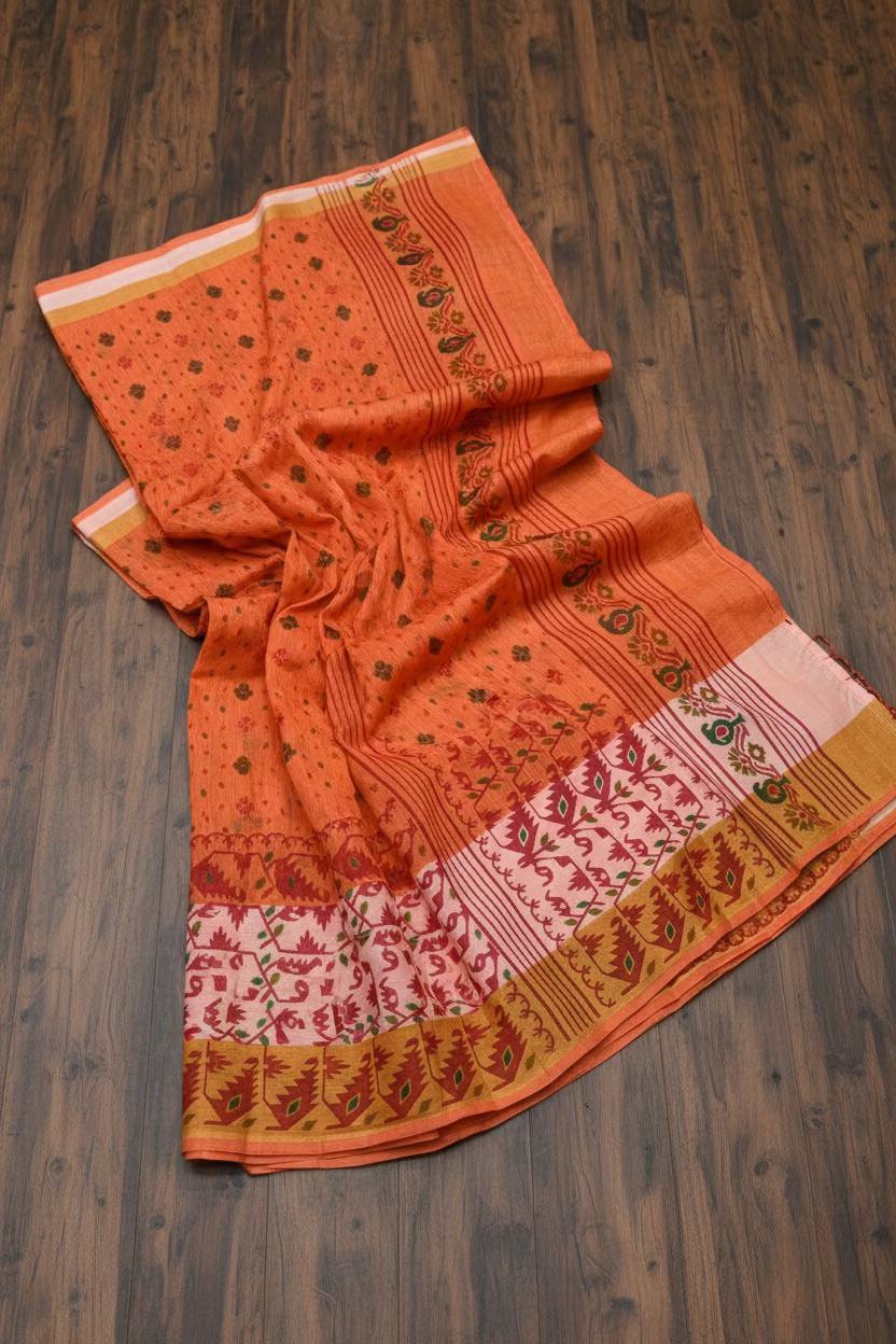 VLS 486 – Peach-Orange Linen Cotton Printed Saree with Tassels & Plain Border Blouse