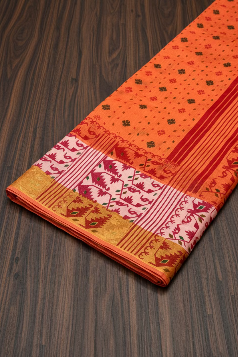 VLS 486 – Peach-Orange Linen Cotton Printed Saree with Tassels & Plain Border Blouse