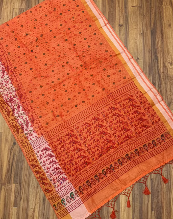 VLS 486 – Peach-Orange Linen Cotton Printed Saree with Tassels & Plain Border Blouse